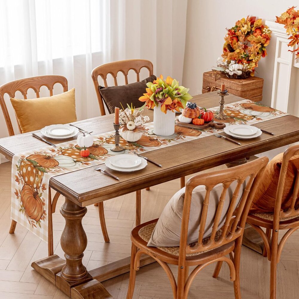 Pumpkin Leaves Fall Table Runner, (13x60 Inch) Thanksgiving Harvest Farmhouse